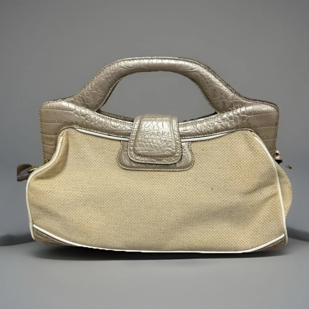 Brahmin Woven Linen Tweed Satchel Oyster Shell Melbourne Purse (Smoke Smell)
